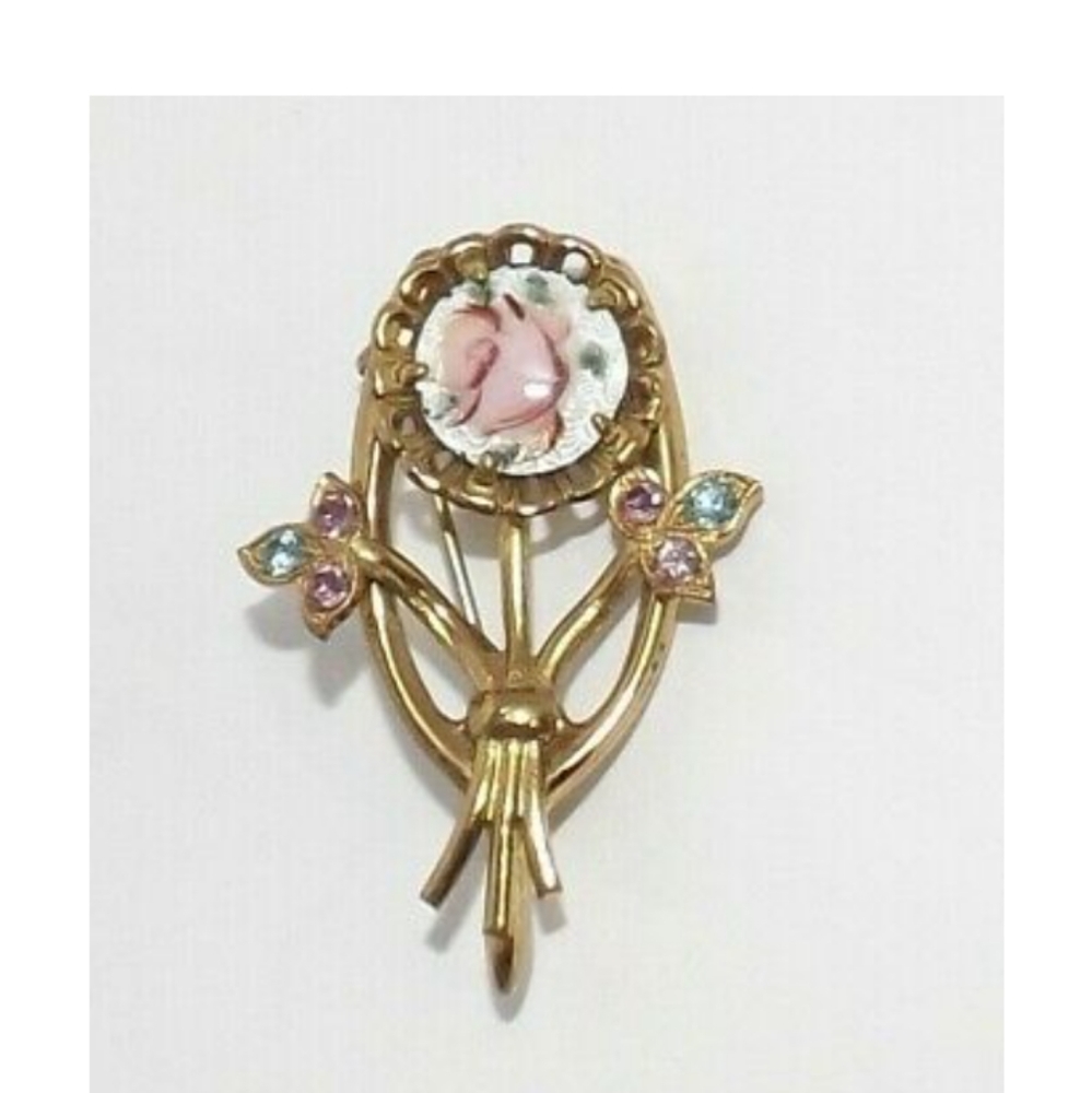 Antique Gold Tone Rhinestone Guilloche Enamel Flower Wishbone Lucky Brooch Pin
